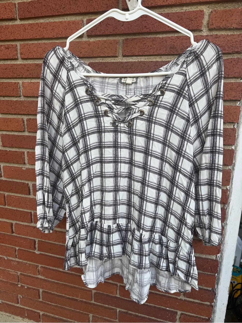 Plaid Lace-Up Peplum Women's Top - Black/White